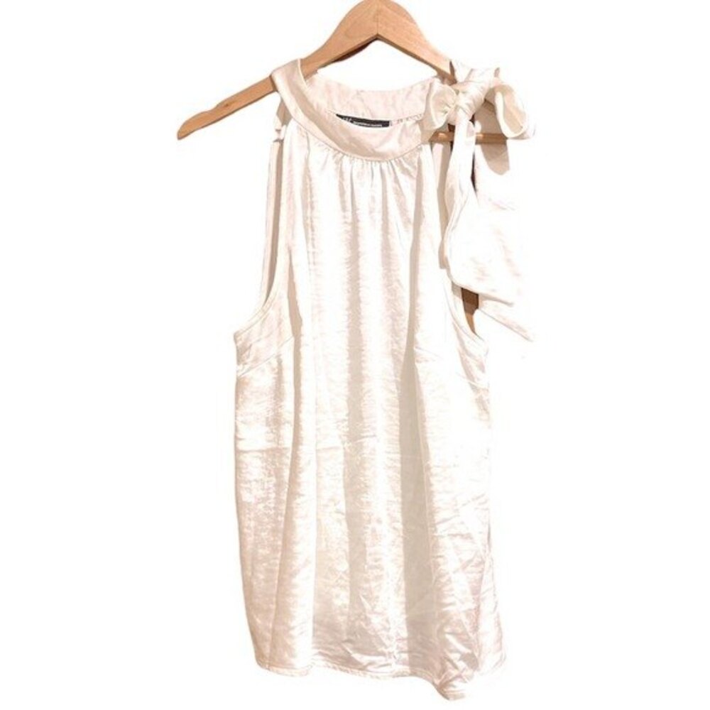INC White Satin High Neck Bow Top L